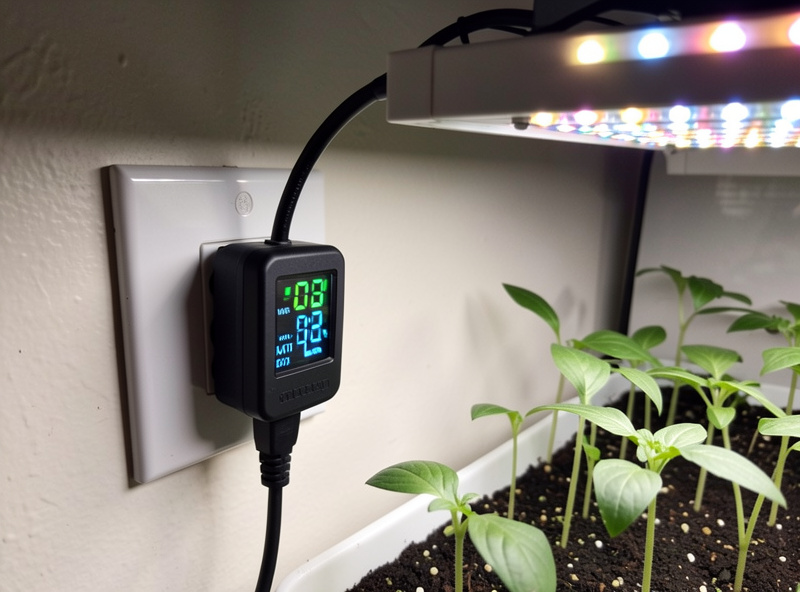 A plug-in energy meter showing the live wattage draw of an LED grow light bar over a seedling shelf