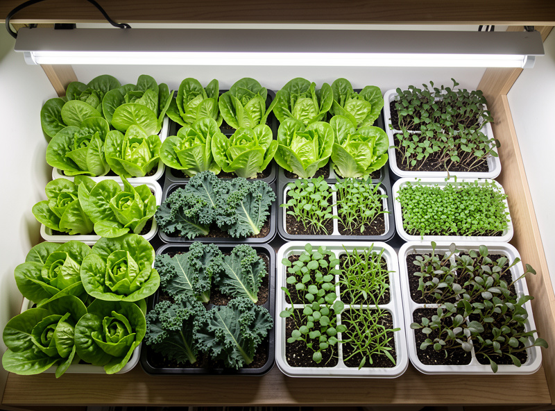 Overhead view of leafy greens and microgreen trays under an LED grow light bar on an apartment shelf