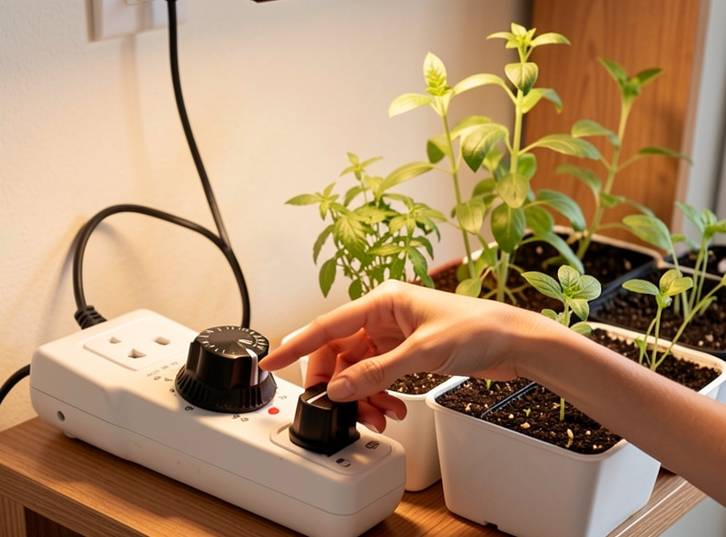 A plug-in timer set on a grow light shelf controlling the daily photoperiod for seedlings and herbs