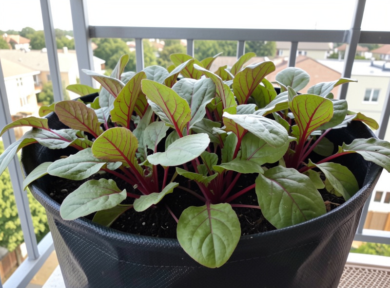 A wide container of beetroot with deep red stems and glossy green leaves on a balcony
