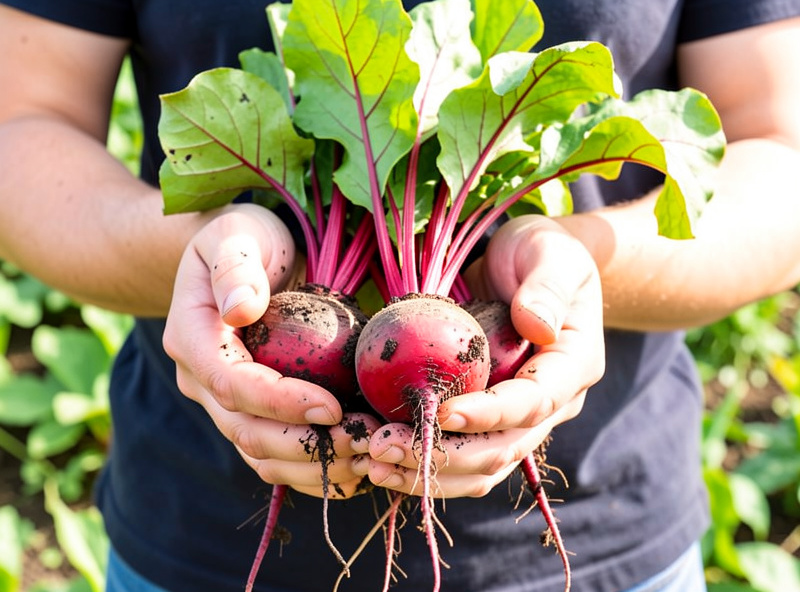 Freshly pulled container beetroot with soil still clinging and bright leafy tops