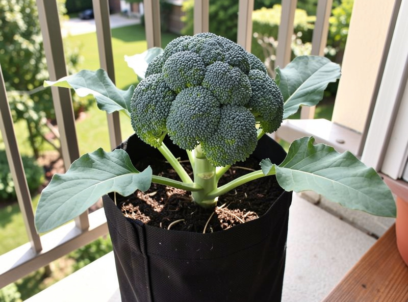 A single broccoli plant growing in a fabric grow bag on a sunny apartment balcony, forming a central blue-green head