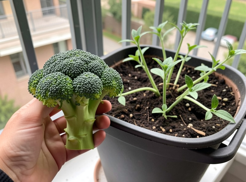 Hand holding a freshly cut broccoli head next to a container plant showing side shoots developing on a balcony