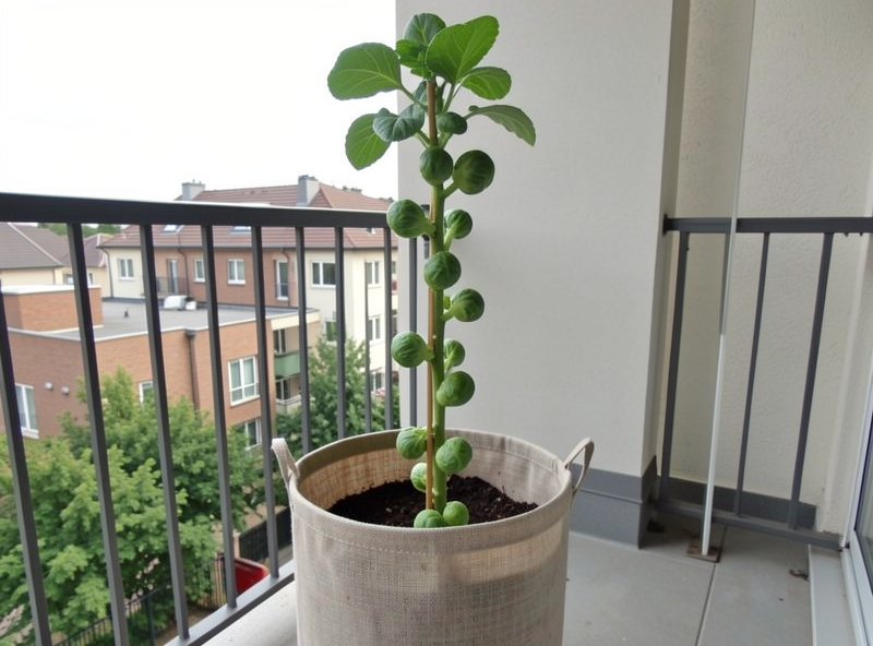 A tall staked Brussels sprout plant growing in a large container on a balcony, sprouts forming along the stem