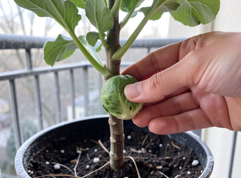 Hand snapping a firm Brussels sprout off the lower stem of a container-grown plant after frost on a balcony