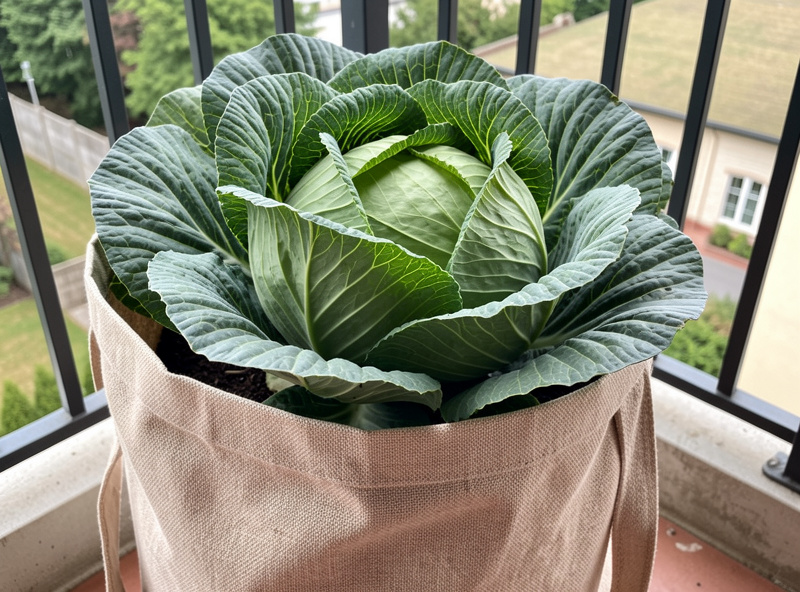 A firm green cabbage head growing in a large fabric container on a Nordic apartment balcony