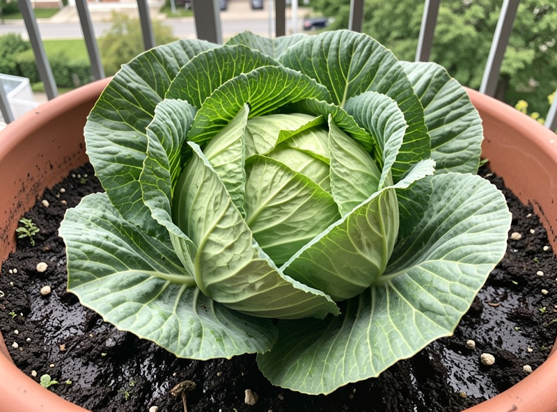 Close-up of a dense cabbage head forming in a container with steady even soil moisture on a balcony