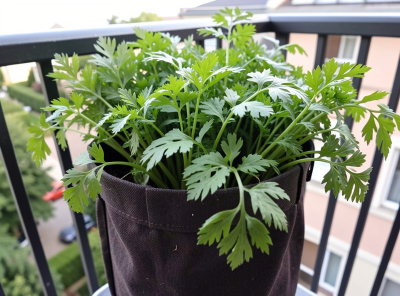Deep fabric grow bag full of feathery carrot foliage on a balcony