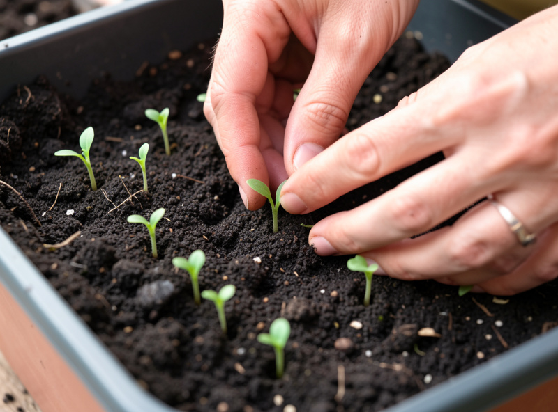 Hands thinning young carrot seedlings in a container to space them apart