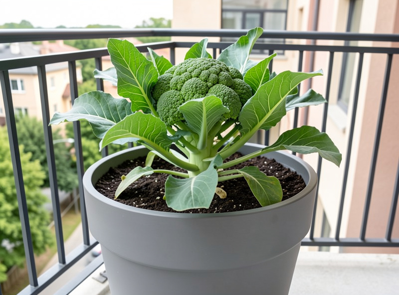 Self-watering container growing a cauliflower plant on a balcony, reservoir keeping the soil evenly moist