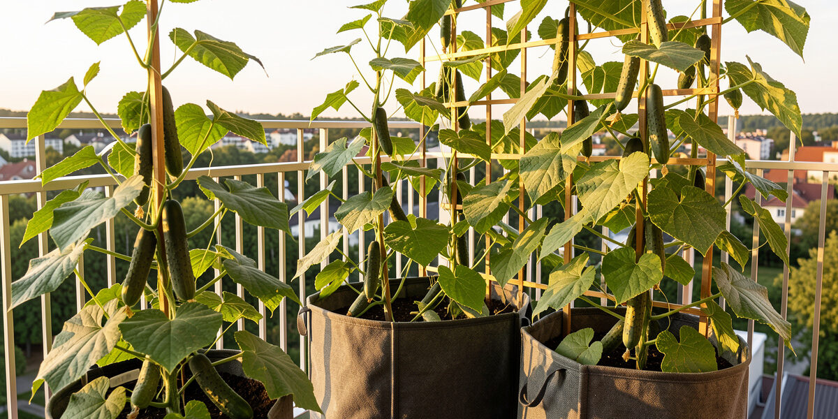 Cucumber plants fruiting in deep fabric grow bags on a Scandinavian balcony