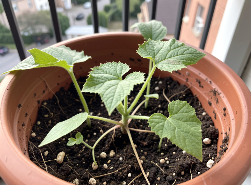 Young cucumber seedlings planted in a deep container on a balcony, true leaves visible