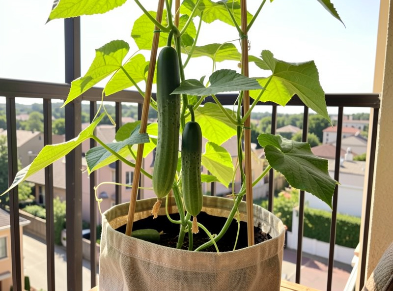 Mature cucumber plant fruiting in a fabric grow bag on a sunny balcony with vines climbing a support