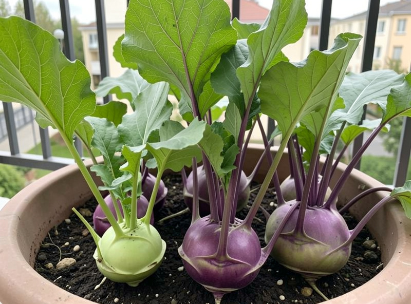 Green and purple kohlrabi plants with swollen stems growing in a shallow container on a balcony