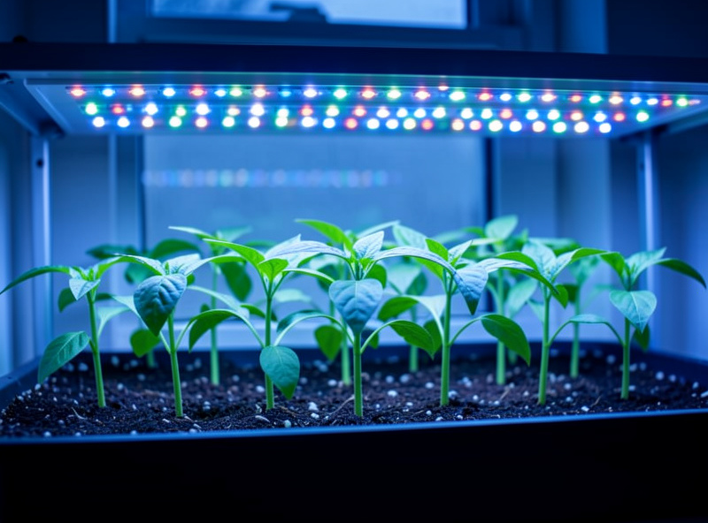 Young pepper seedlings under a full-spectrum LED grow bar on an indoor shelf in late winter