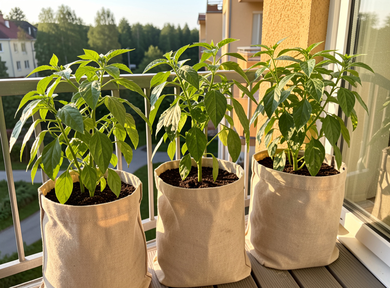 Pepper plants in fabric grow bags on a sunny Nordic apartment balcony in summer