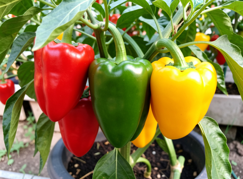 Close-up of ripening red and green container peppers showing healthy fruit set
