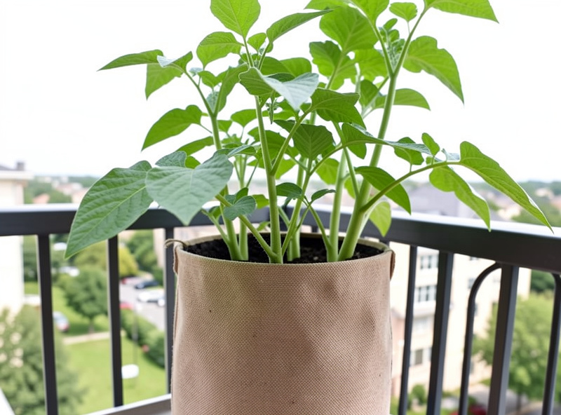 Tall fabric potato grow bag with green potato foliage on a sunny balcony