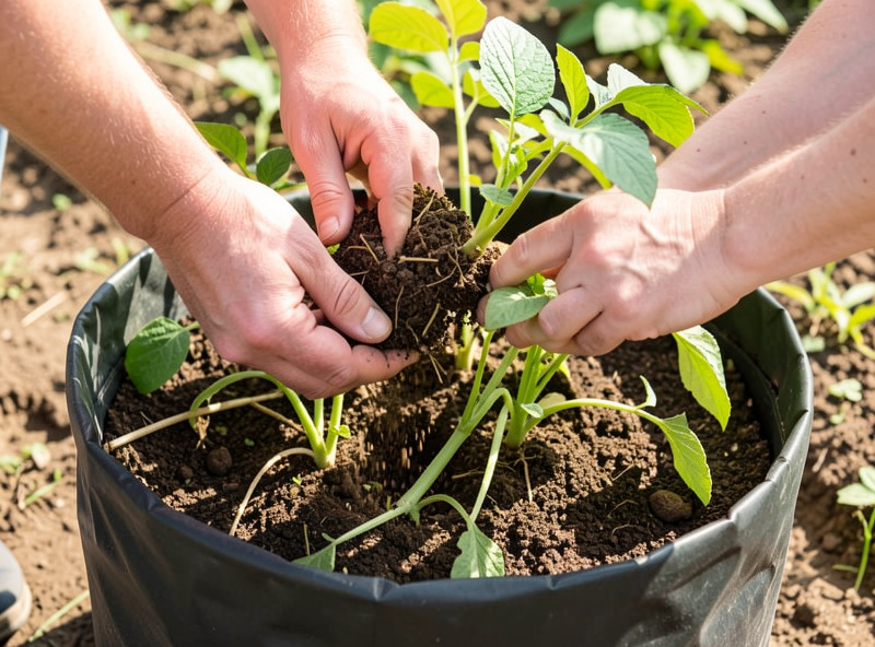 Hands earthing up potato plants by adding compost around the stems in a grow bag