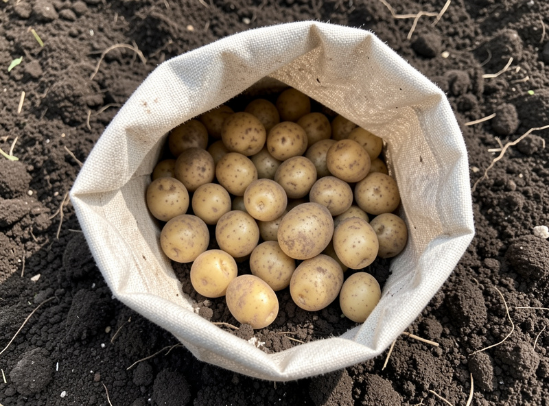 A tipped-out fabric grow bag revealing a harvest of clean new potatoes in loose soil