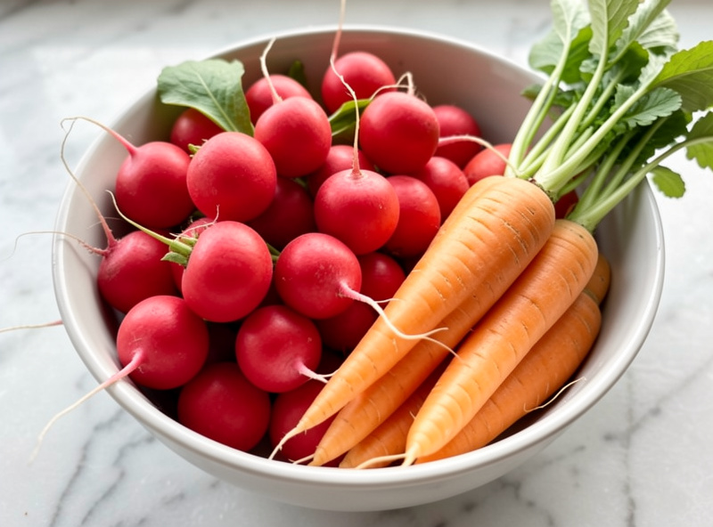 Mixed varieties of radishes including round red and long French breakfast types in a bowl