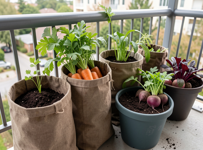 Deep fabric grow bags and plastic pots of carrots, beets and radishes on a Swedish balcony