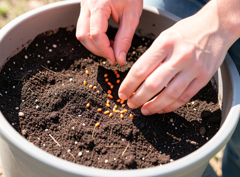 Hands sowing carrot seed thinly into a deep container of loose dark soil mix