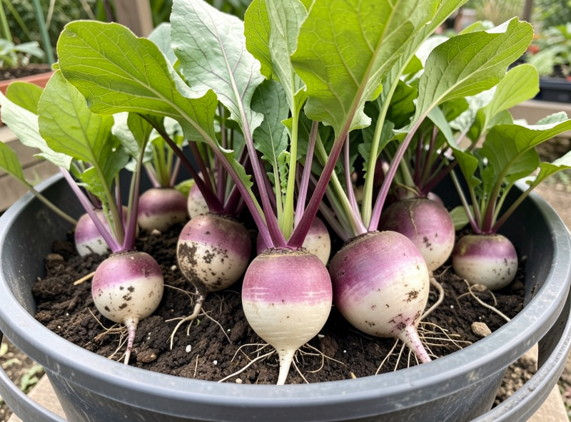 A container of turnips with purple-and-white roots showing above the soil and leafy green tops