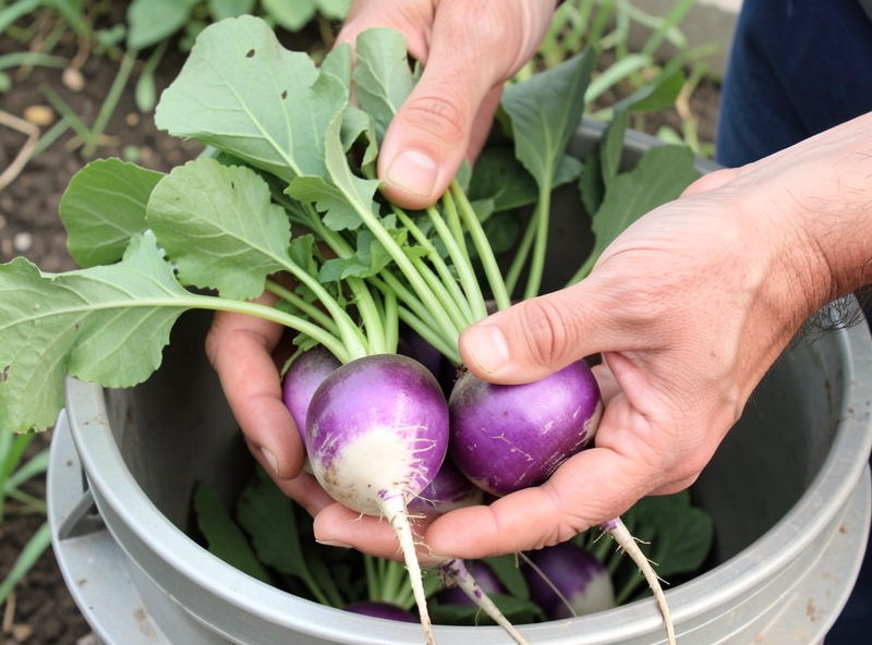 Freshly pulled young turnips with purple shoulders and leafy tops on a balcony