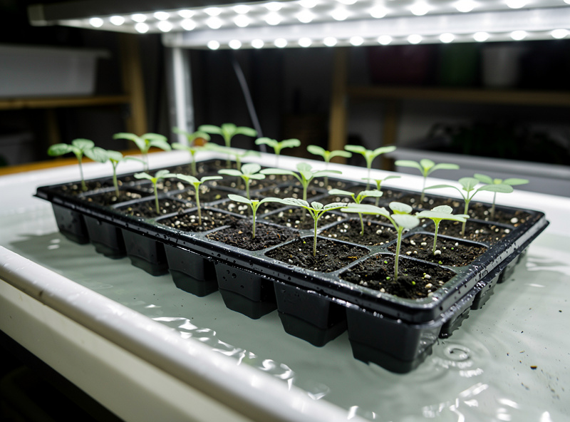Seedling tray being bottom-watered in a shallow tray of water under an LED grow light
