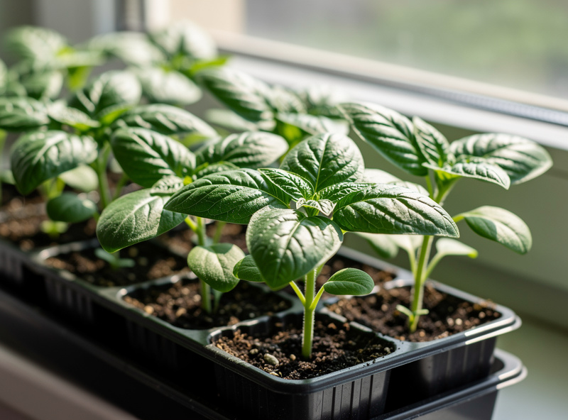 Healthy sturdy seedlings with true leaves growing in cell trays on a windowsill