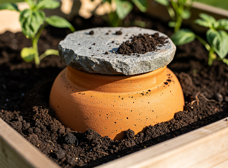 Unglazed terracotta olla pot buried to the neck in a raised vegetable bed