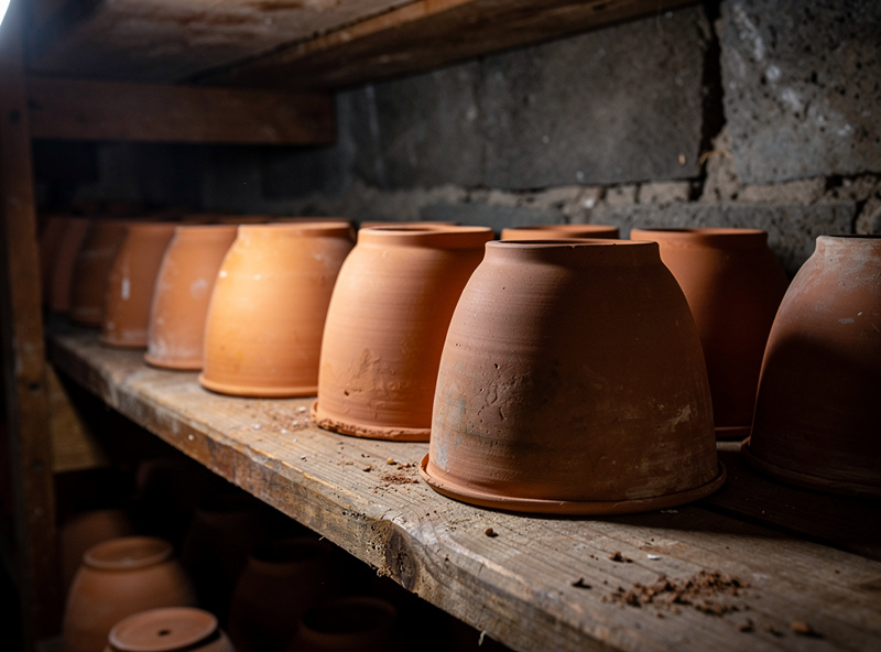 Terracotta olla pots drained and stored on a shelf for winter to prevent frost cracking