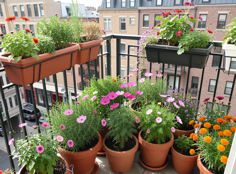 Small balcony with clustered pots of flowering herbs and cosmos for pollinators
