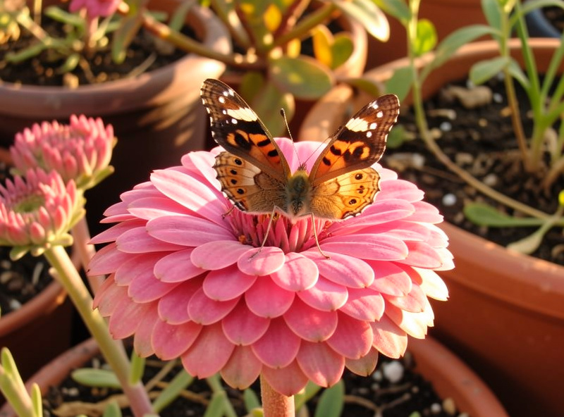 Butterfly resting on a flat sedum flower head in late summer container garden