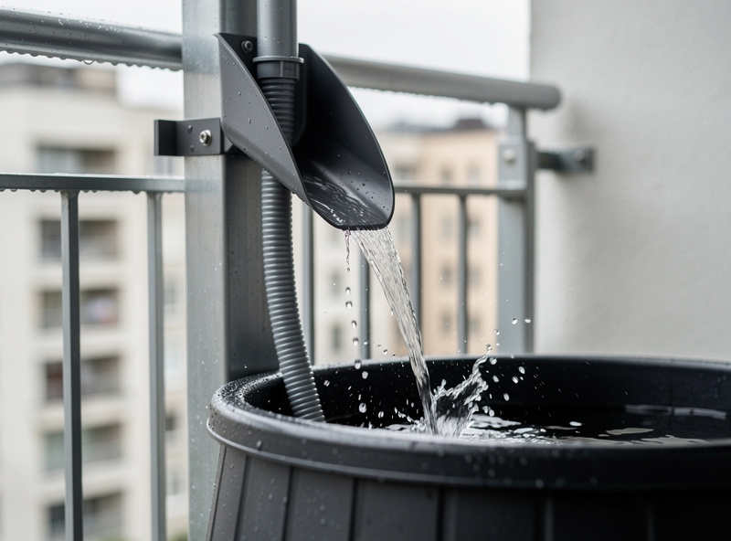 Slim rain barrel collecting water from a downspout on an apartment balcony beside potted plants