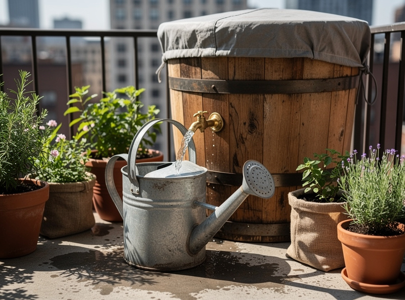 Watering can being filled from the spigot of a covered rain barrel on a balcony