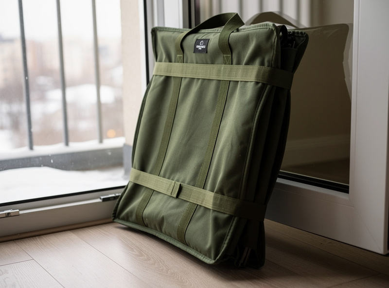 Collapsible rain barrel folded flat and stored for winter next to a balcony door