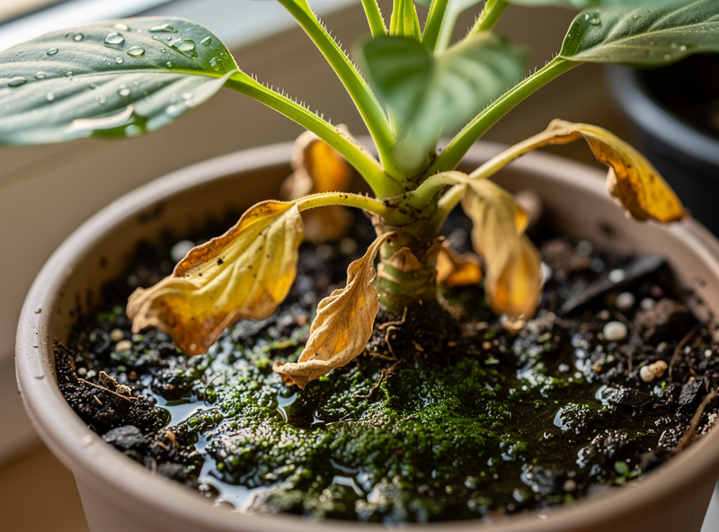 Potted plant with yellowing lower leaves and soggy soil showing signs of overwatering