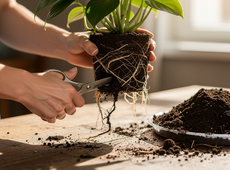 Unpotted plant with roots being inspected and trimmed before repotting into fresh dry mix