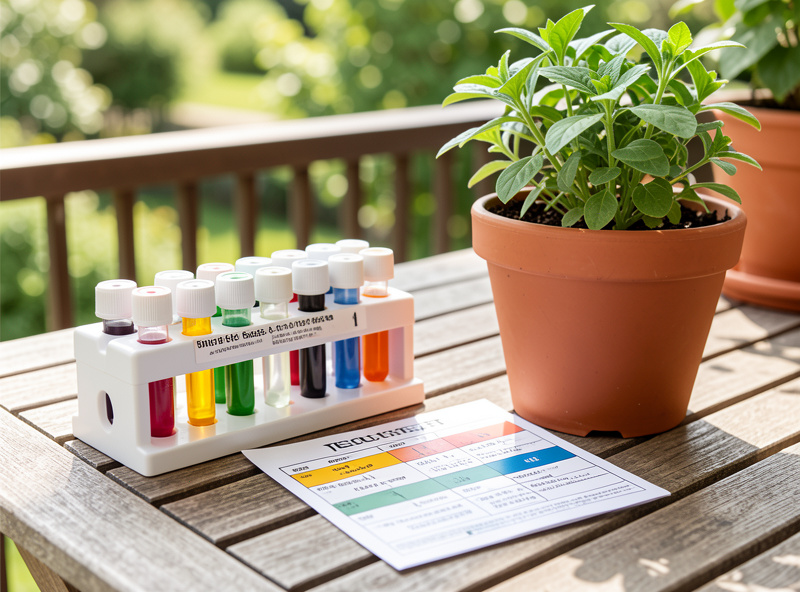 Home garden soil test kit with color-coded test tubes and a comparison chart on a balcony table
