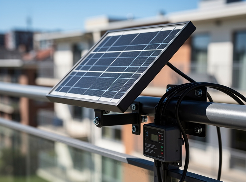 Solar panel mounted on balcony railing powering drip irrigation lines to container plants, urban garden setting