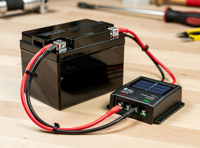 Small 12V sealed lead-acid battery connected to solar charge controller with wiring to drip irrigation pump, workshop bench setup
