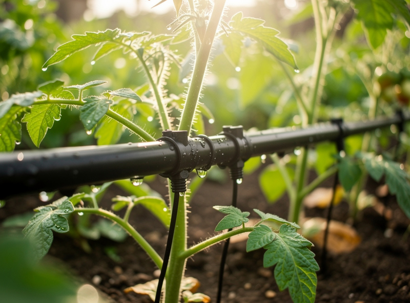 Close-up of drip irrigation tubing with water droplets forming on tomato plant leaves, sunlit balcony garden