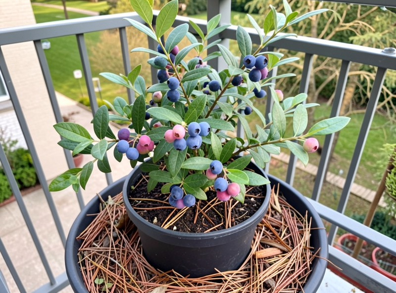 A potted blueberry bush in ericaceous mix with ripening berries on a balcony, pine bark mulch on the surface