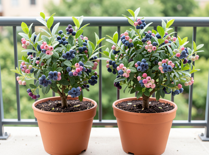 Two compact blueberry bushes in pots side by side on a balcony for cross-pollination, clusters of ripe blue berries