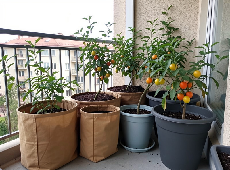 A balcony arrangement of fabric grow bags and deep pots holding fruit plants against an apartment wall