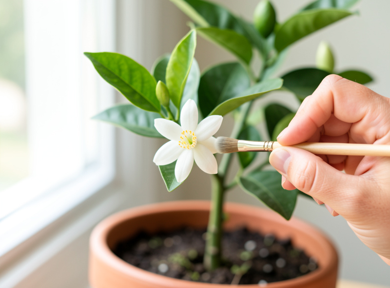 Hand-pollinating an indoor dwarf citrus flower with a small soft brush on a windowsill