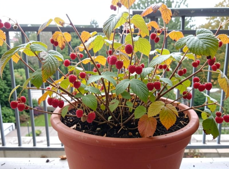 Autumn-fruiting raspberry canes with ripe red berries growing in a large pot on a balcony