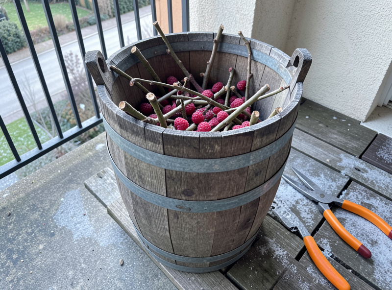 A half-barrel container of raspberry canes cut down to short stubs in late winter on a balcony